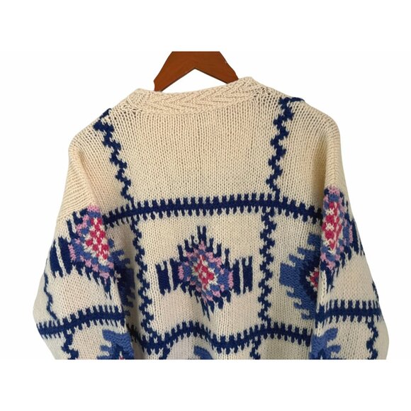Hand-Knitted Shetland Wool Sweater By Susann D M Cream Blue Pink Aztec Tribal - - Picture 6 of 9